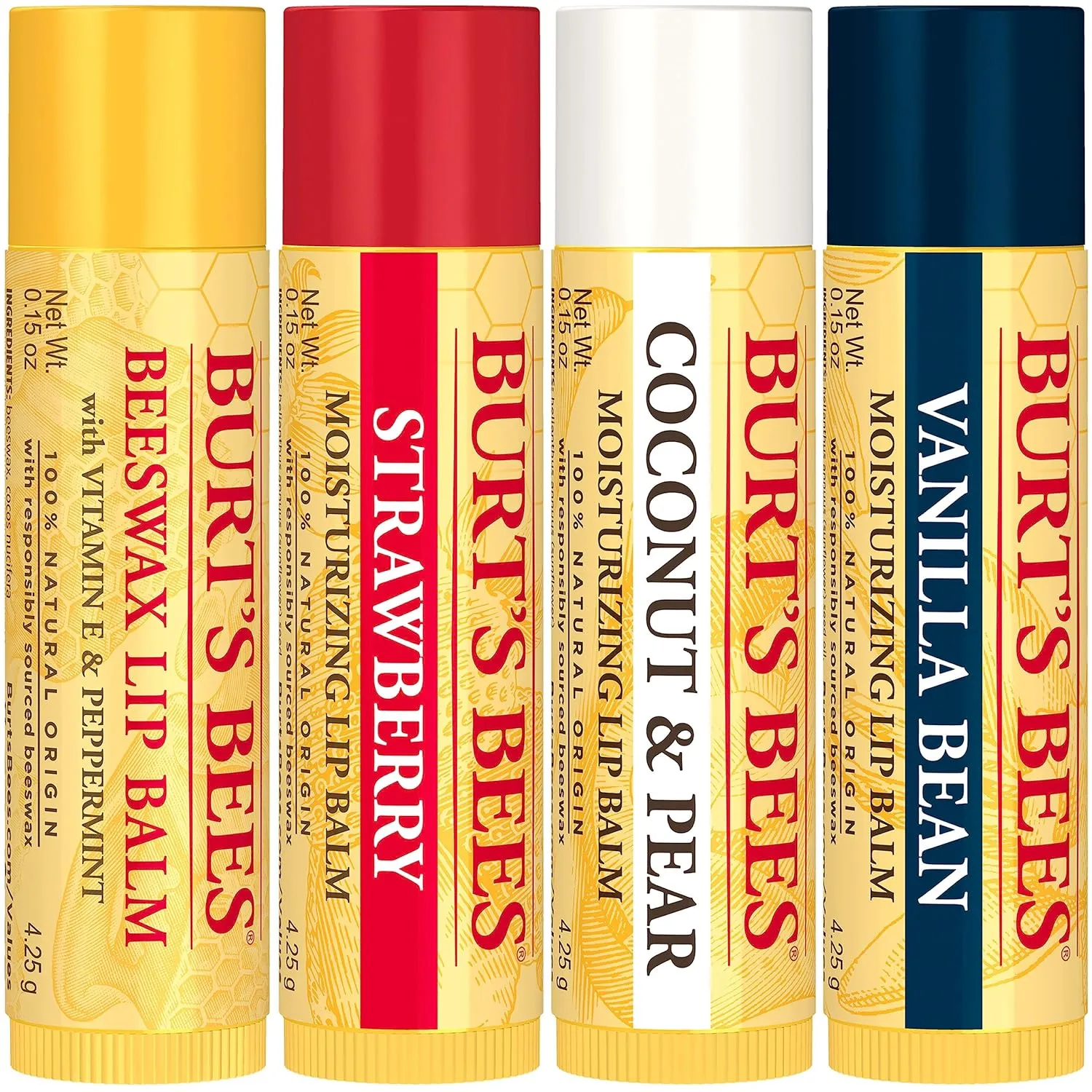 Burt's Bees Lip Balm, Mothers Day Gifts, Beeswax, Strawberry, Coconut and Pear, and Vanilla Bean Pack, With Responsibly Sourced Beeswax, Tint-Free, Natural Lip Treatment, 4 Tubes, 0.15 oz.