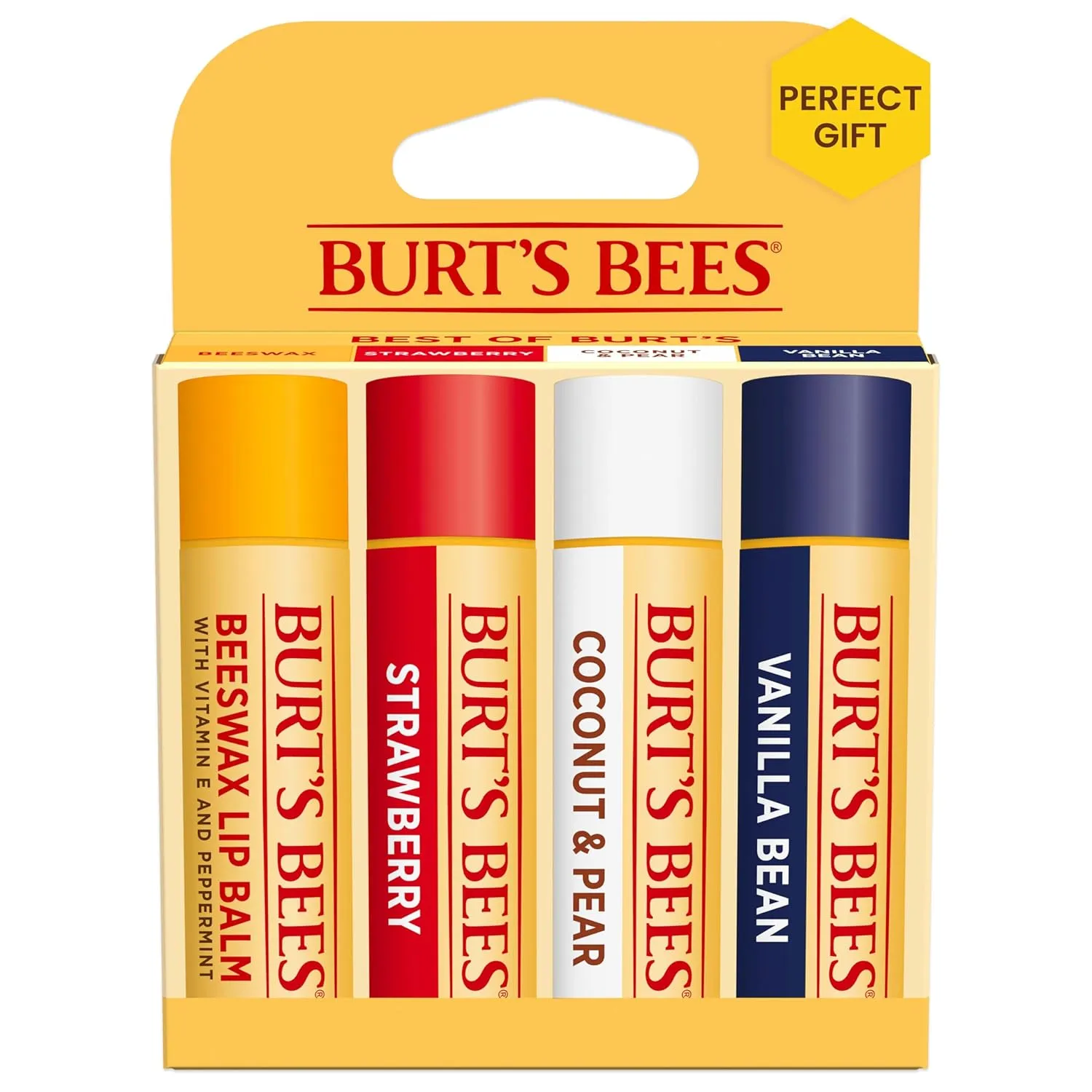 Burt's Bees Lip Balm, Mothers Day Gifts, Beeswax, Strawberry, Coconut and Pear, and Vanilla Bean Pack, With Responsibly Sourced Beeswax, Tint-Free, Natural Lip Treatment, 4 Tubes, 0.15 oz.