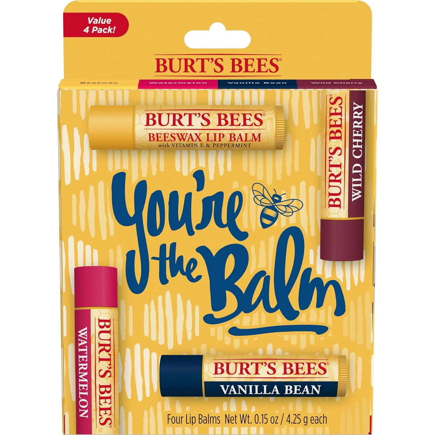 Burt's Bees You're the Balm Lip Balm Pack, Mothers Day Gifts, With Beeswax, Wild Cherry, Watermelon and Vanilla Bean Flavors, Tint-Free, Natural Origin Lip Treatment, 4 Tubes, 0.15 oz.