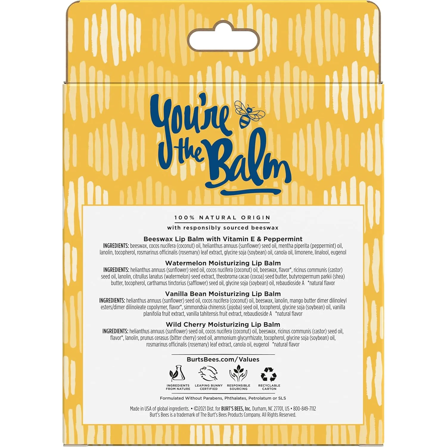 Burt's Bees You're the Balm Lip Balm Pack, Mothers Day Gifts, With Beeswax, Wild Cherry, Watermelon and Vanilla Bean Flavors, Tint-Free, Natural Origin Lip Treatment, 4 Tubes, 0.15 oz.
