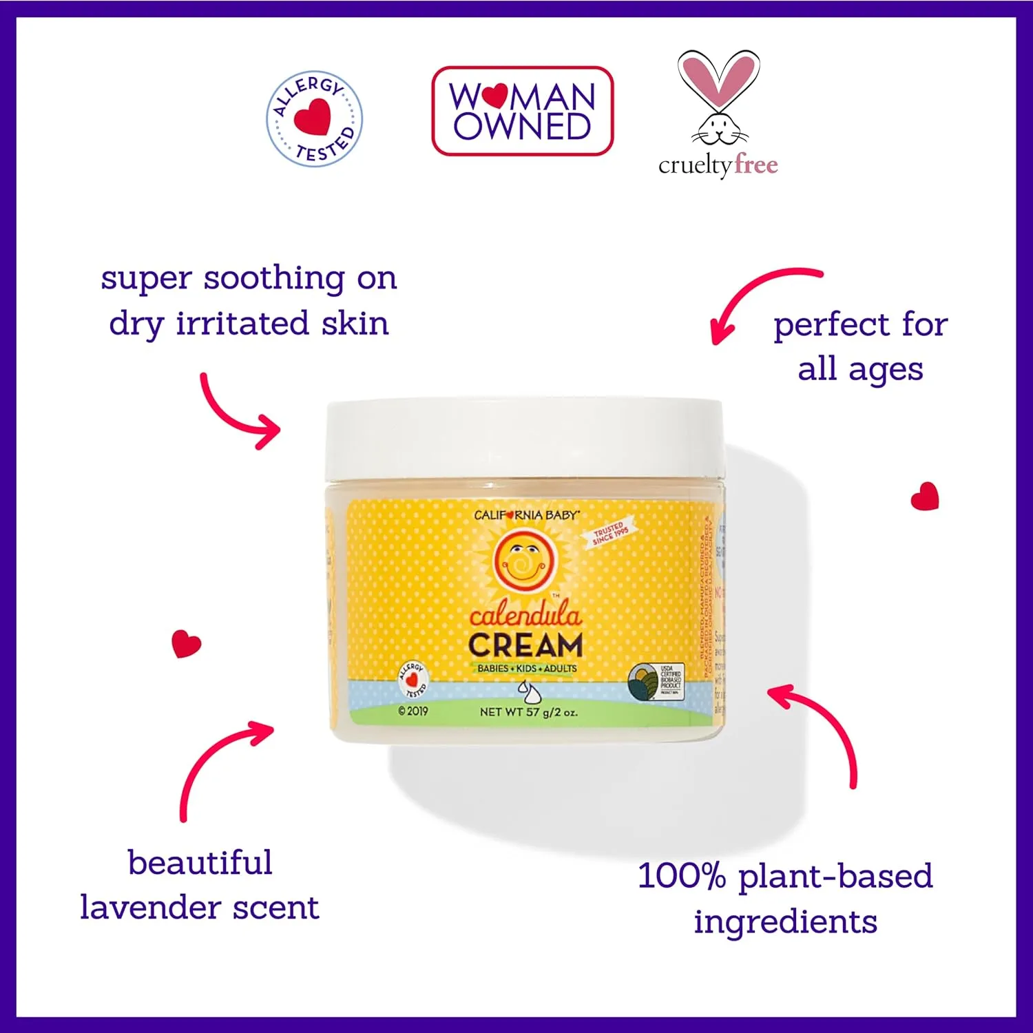 California Baby Calendula Cream | 100% Plant-Based Moisturizer | Lavender Baby Lotion | Face Moisturizer For Dry Skin | Hypoallergenic | 2 oz / 57g