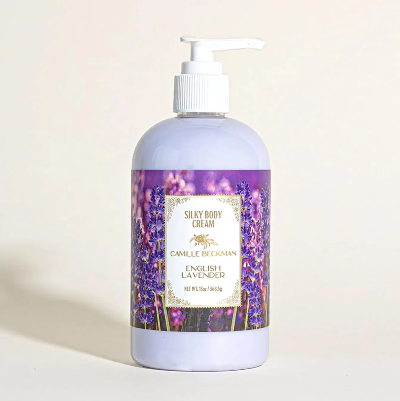 Camille Beckman English Lavender Scented Silky Body Cream, Daily Moisturizer for All Skin Types | Non-Greasy Vegan Formula to Nourish and Soften Hands and Body, 13 Ounce