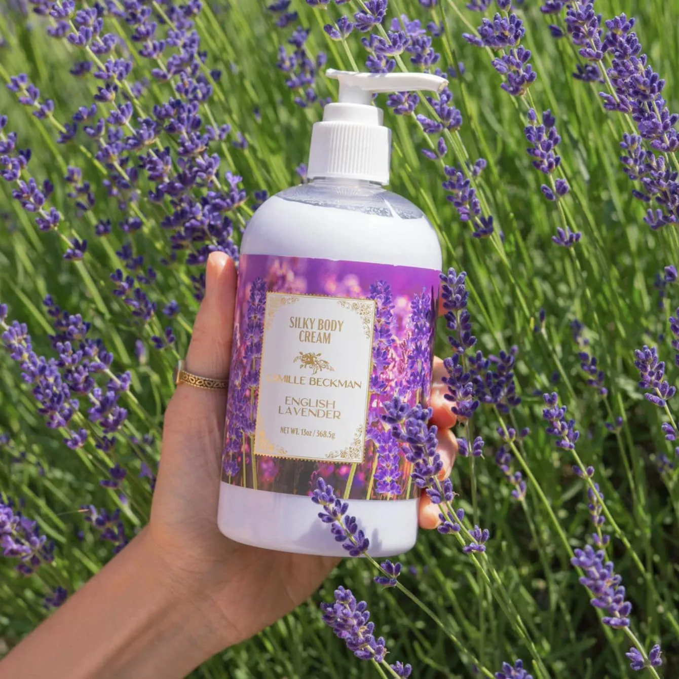 Camille Beckman English Lavender Scented Silky Body Cream, Daily Moisturizer for All Skin Types | Non-Greasy Vegan Formula to Nourish and Soften Hands and Body, 13 Ounce