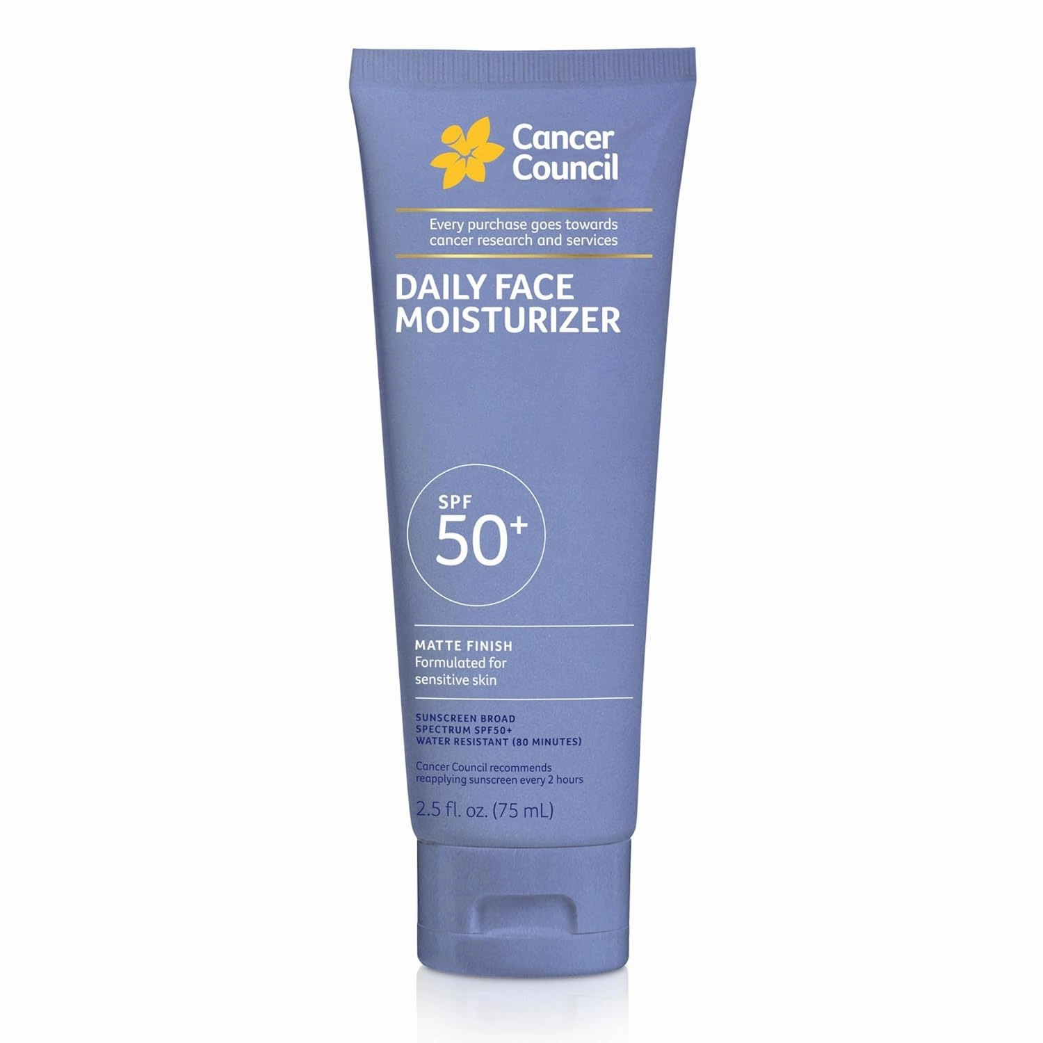 Cancer Council Daily Moisturizer Sunscreen for Face, SPF50 , Sun Care with Green Tea Extract Broad Spectrum UVA/UVB Sun Protection, Sensitive Skin, Paraben & Fragrance Free, Water Resistant, 2.5fl. Oz