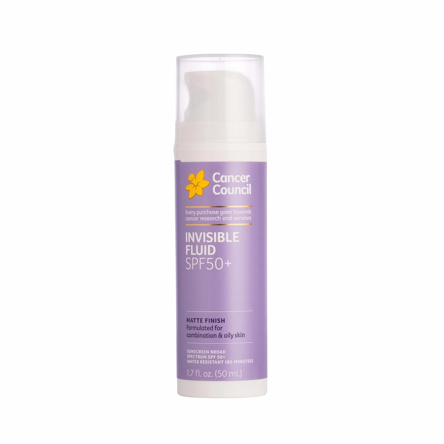 Cancer Council Invisible Fluid Face Sunscreen, SPF50 , Face Moisturizer Sun Care with Jojoba Oil, Vitamin E, Broad Spectrum UVA/UVB Sun Protection, Oily Sensitive Skin, Paraben & Fragrance Free, 50ml