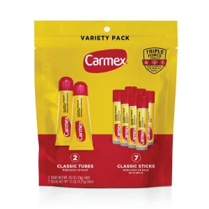Carmex Classic Medicated Lip Balm Pack, Lip Moisturizer for Chapped Lips, 9-Count Variety Pack Bag (2 Tubes, 7 Sticks)