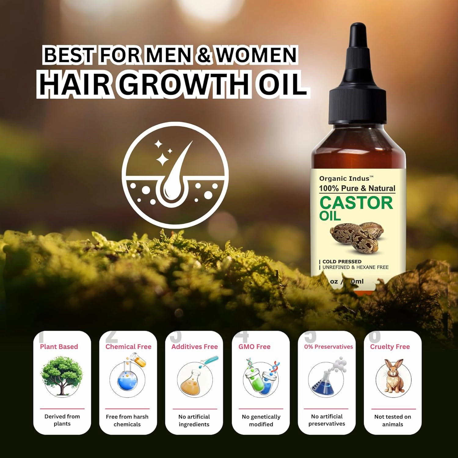 Castor Oil 2oz (60ml) | Premium Grade Carrier Oil for Hair Growth, Skin Moisturizer, Eyelashes and Eyebrows | Unrefined Castor Oil for Hair Skin Face (Hexane Free)