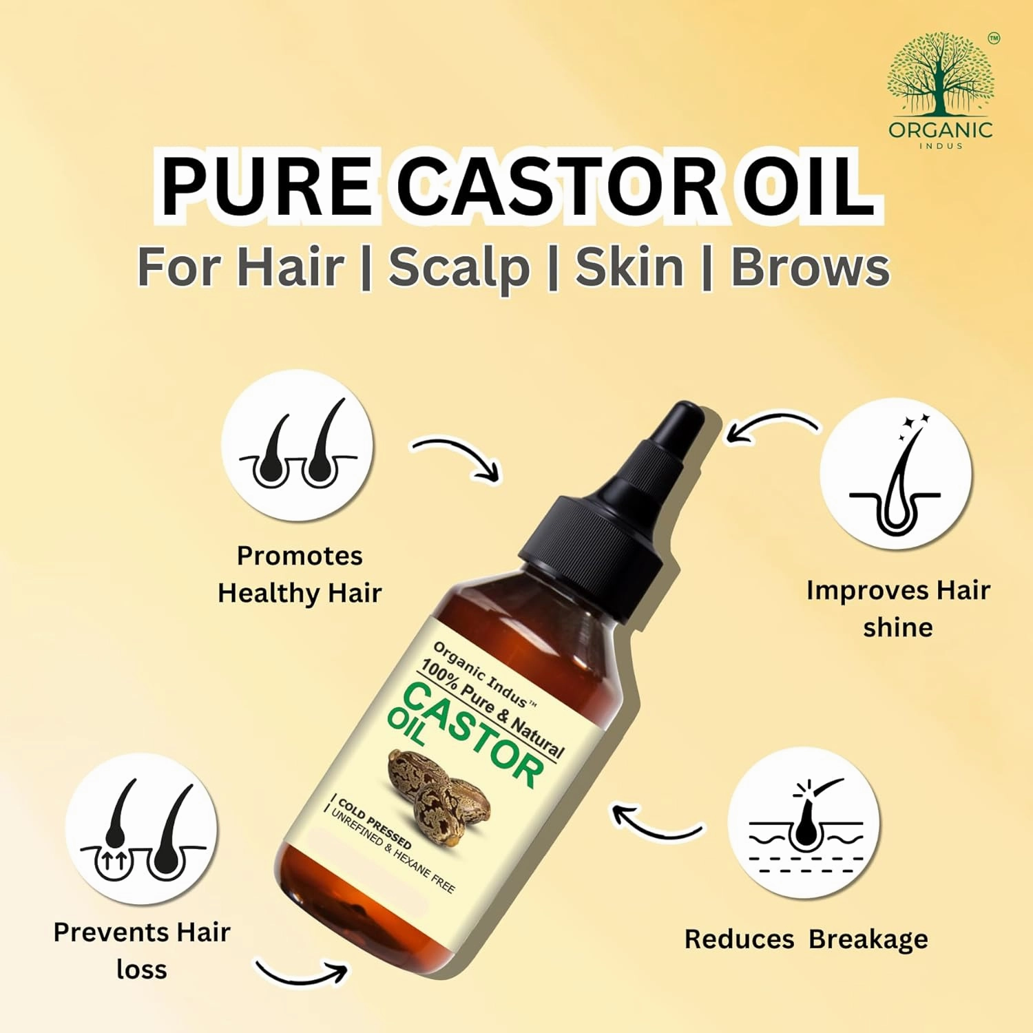 Castor Oil 2oz (60ml) | Premium Grade Carrier Oil for Hair Growth, Skin Moisturizer, Eyelashes and Eyebrows | Unrefined Castor Oil for Hair Skin Face (Hexane Free)