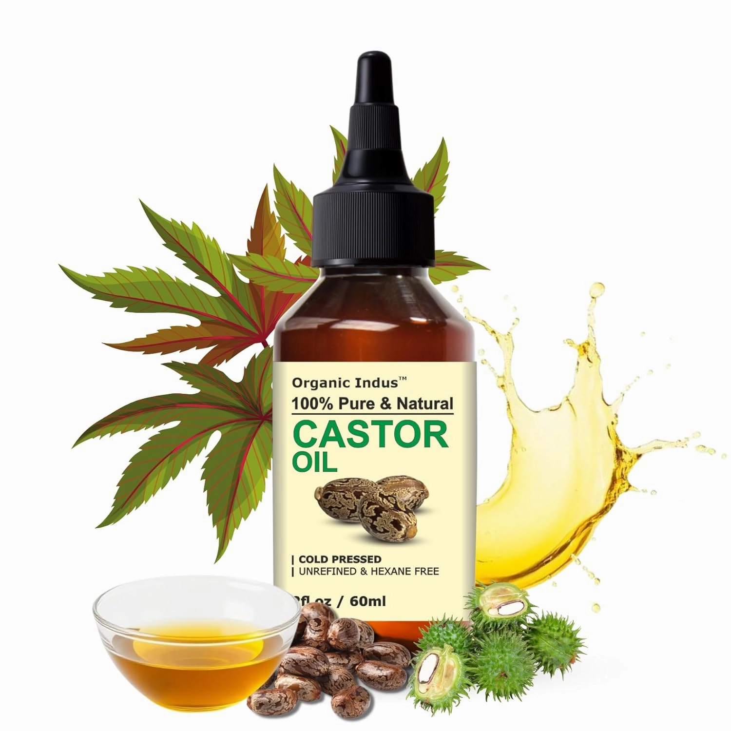 Castor Oil 2oz (60ml) | Premium Grade Carrier Oil for Hair Growth, Skin Moisturizer, Eyelashes and Eyebrows | Unrefined Castor Oil for Hair Skin Face (Hexane Free)