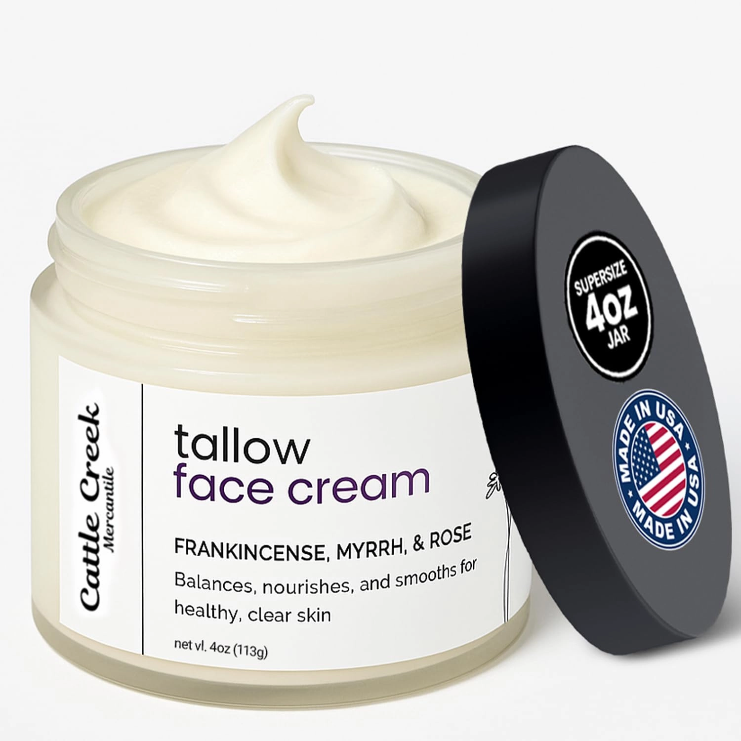 Cattle Creek Tallow Face Moisturizer – Whipped Beef Tallow for Face with Sweet Almond, Myrrh, Frankincense & Rose Oils – Grass-Fed Beef Tallow for Face Care, Hydration, Anti-Aging & Sensitive Skin