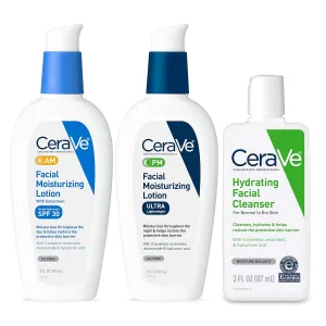 CeraVe AM Face Moisturizer with SPF, PM Face Moisturizer & Hydrating Face Wash Skin Care Routine for Morning & Night | Travel Size Toiletries | 3oz Lotion   3oz Lotion   3oz Cleanser