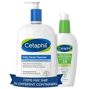 Cetaphil Daily Cleanser and SPF Kit, Daily Facial Cleanser (20 oz)   Oil Free Face Moisturizer with SPF 35 (3 oz) Fragrance Free, For Dry, Combination, Sensitive Skin, Hypoallergenic, Non-Comedogenic