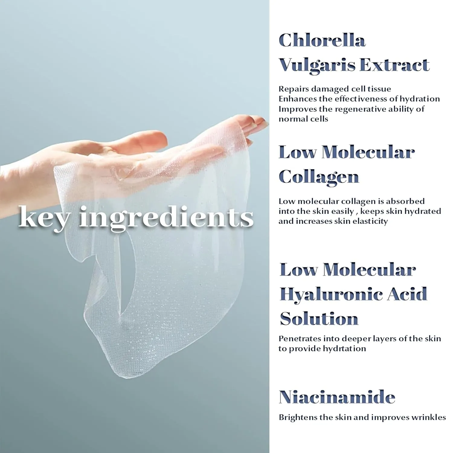 Chlorella Deep Hydrating Mask, with Collagen and Hyaluroic Acid-Sheet Facial Mask Skincare with Chorella Vulgaris Extract, Hydrating, Firming, Skin moisturizer masks,5ea