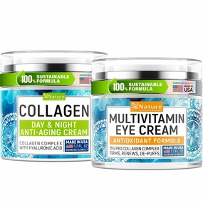 Collagen Face & Eye Cream Bundle – Anti-Aging Moisturizer with Retinol, Caffeine & Hyaluronic Acid – Firming & Hydrating Day & Night Cream for Face & Under Eyes – 1.7oz Each