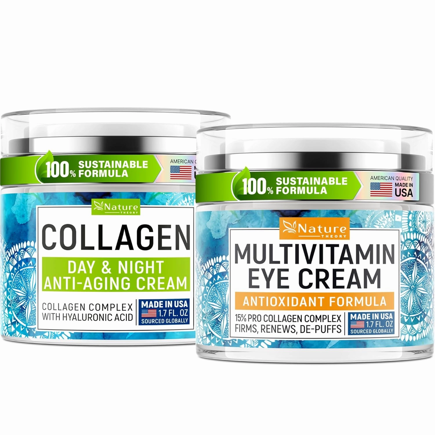 Collagen Face & Eye Cream Bundle – Anti-Aging Moisturizer with Retinol, Caffeine & Hyaluronic Acid – Firming & Hydrating Day & Night Cream for Face & Under Eyes – 1.7oz Each