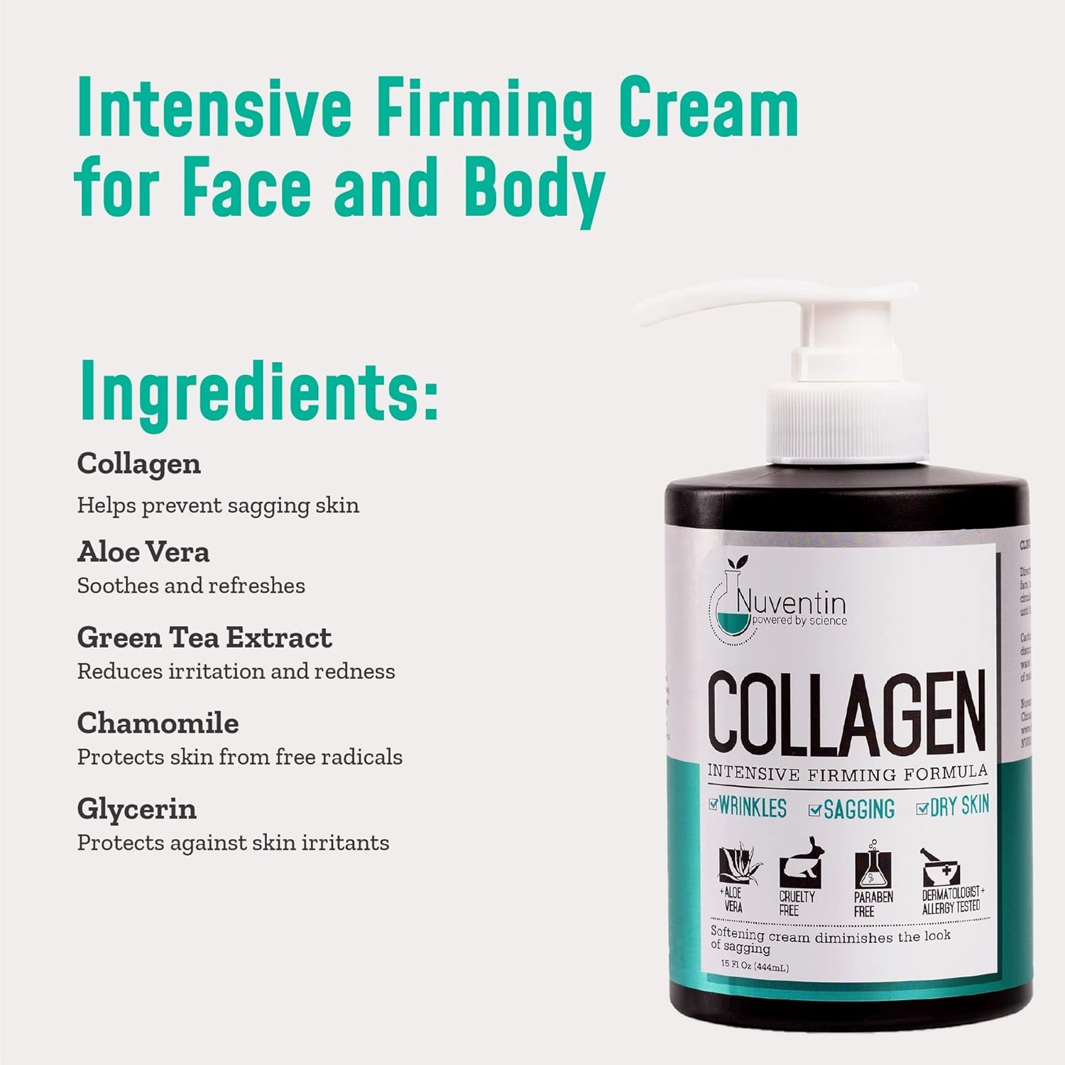 Collagen Firming Cream Dry Skin Rescue Moisturizer Lotion W/Aloe Vera & Green Tea. Skin Care Anti Aging Collagen Face & Body Lotion For Wrinkle Repair, Sagging Skin, & Dry Skin, 15 Fl Oz