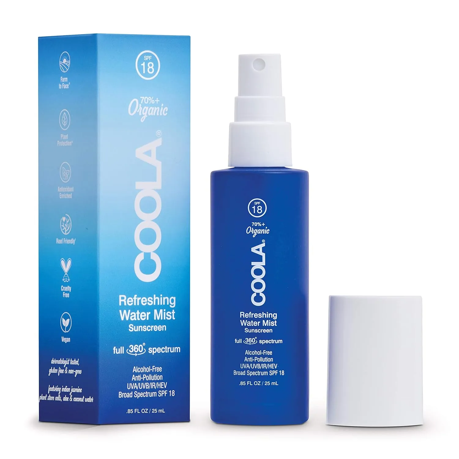 COOLA Organic Refreshing Water Mist Face Moisturizer With SPF 18, Dermatologist Tested Face Sunscreen With Plant-Derived BlueScreen Digital De-Stress Technology