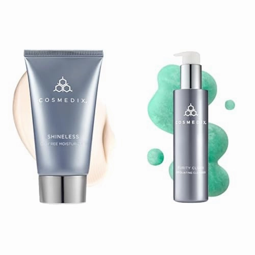 COSMEDIX Shineless Oil-Free Face Moisturizer & Purity Clean Exfoliating Facial Cleanser - Skincare Bundle