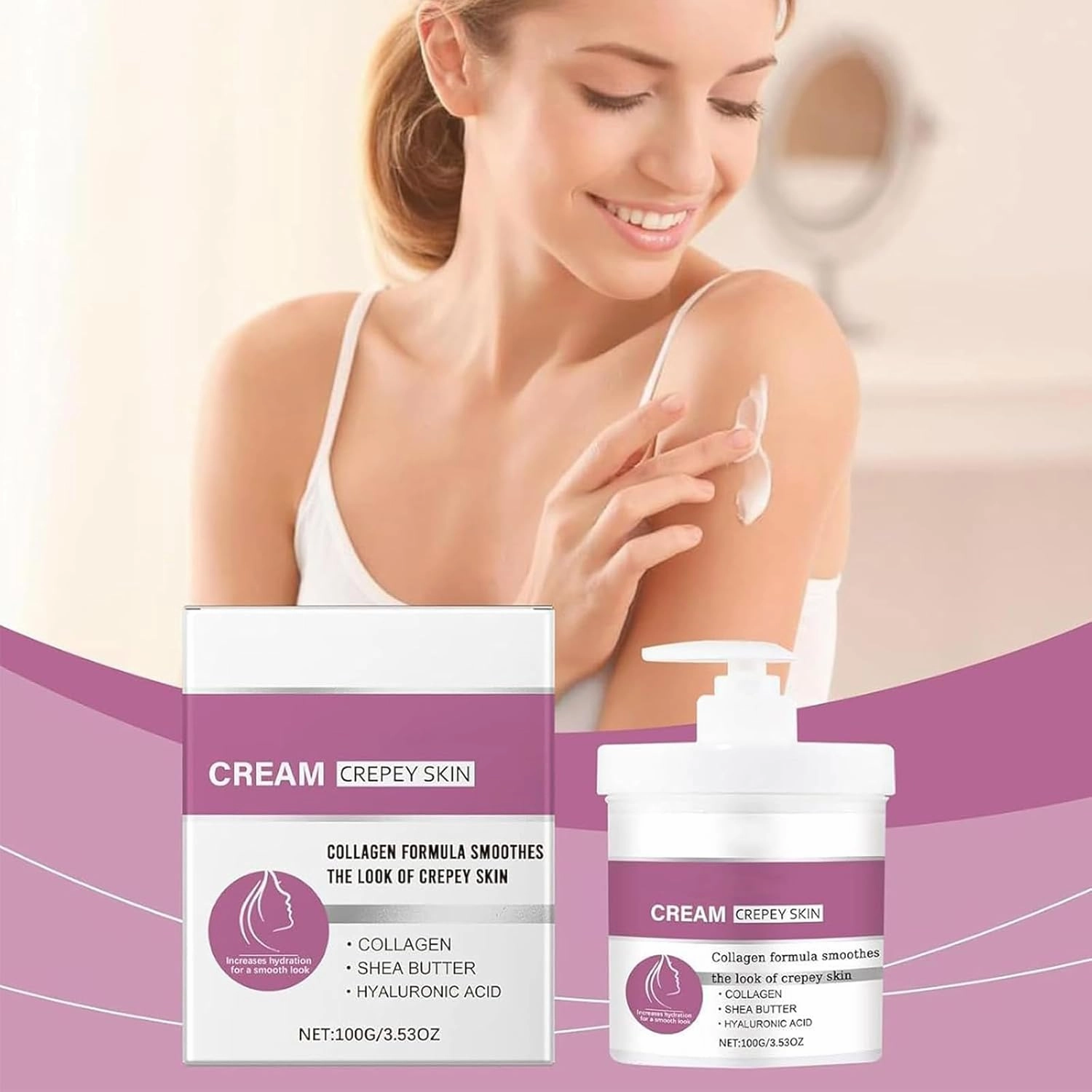 Crepey Skin Cream Wrinkle Smoothing Cream With Collagen, Hyaluronic Acid Hydrating Smoothing Serum, Improves Elasticity Pumps Saggy Skin for Body, Neck, Hands, Face, 100g (1pcs)