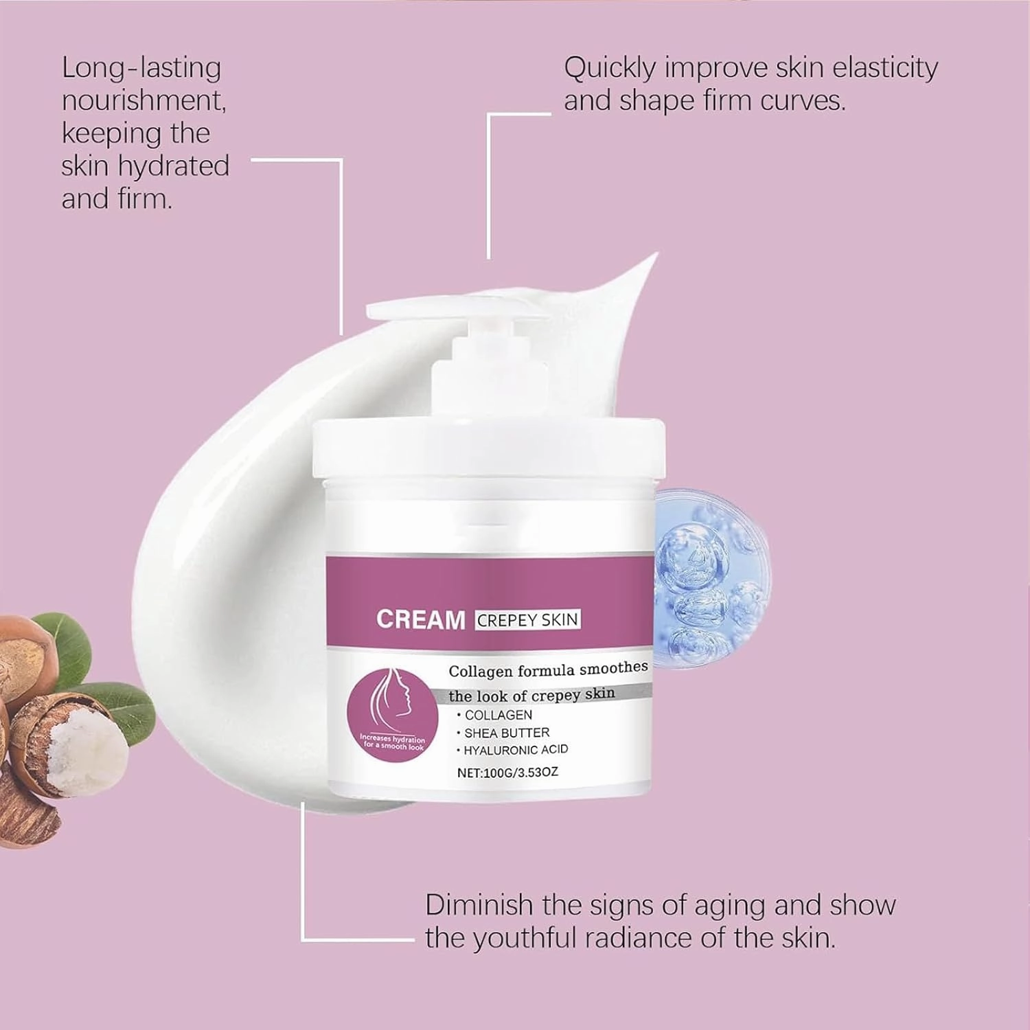Crepey Skin Cream Wrinkle Smoothing Cream With Collagen, Hyaluronic Acid Hydrating Smoothing Serum, Improves Elasticity Pumps Saggy Skin for Body, Neck, Hands, Face, 100g (1pcs)