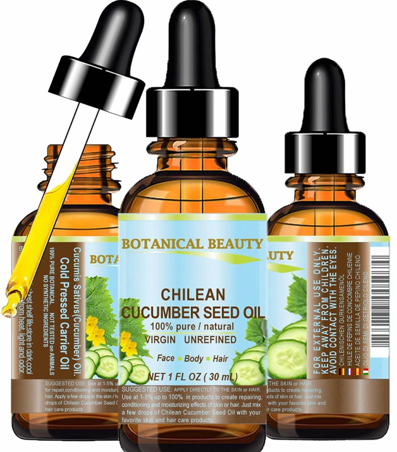CUCUMBER SEED OIL 100% Pure Natural Virgin Unrefined Cold Pressed Carrier Oil 1 Fl.oz.- 30 ml or Face, Skin, Hair, Nails by Botanical Beauty