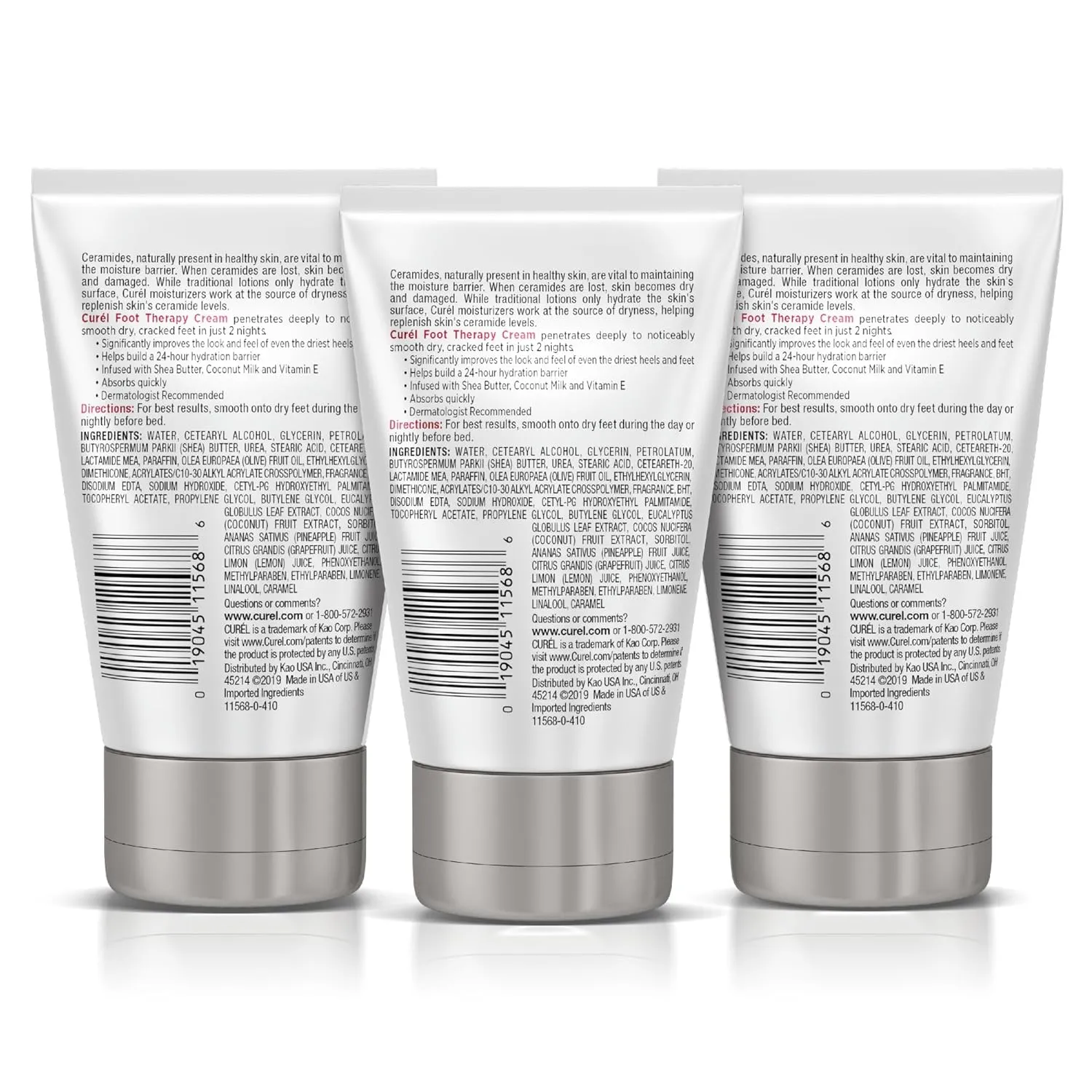 Curel Foot Therapy Cream, Soothing Lotion for Dry Cracked Feet, Quick Absorbing, with Shea Butter, Coconut Milk, and Vitamin E2, 3.5 Oz, Pack of 3
