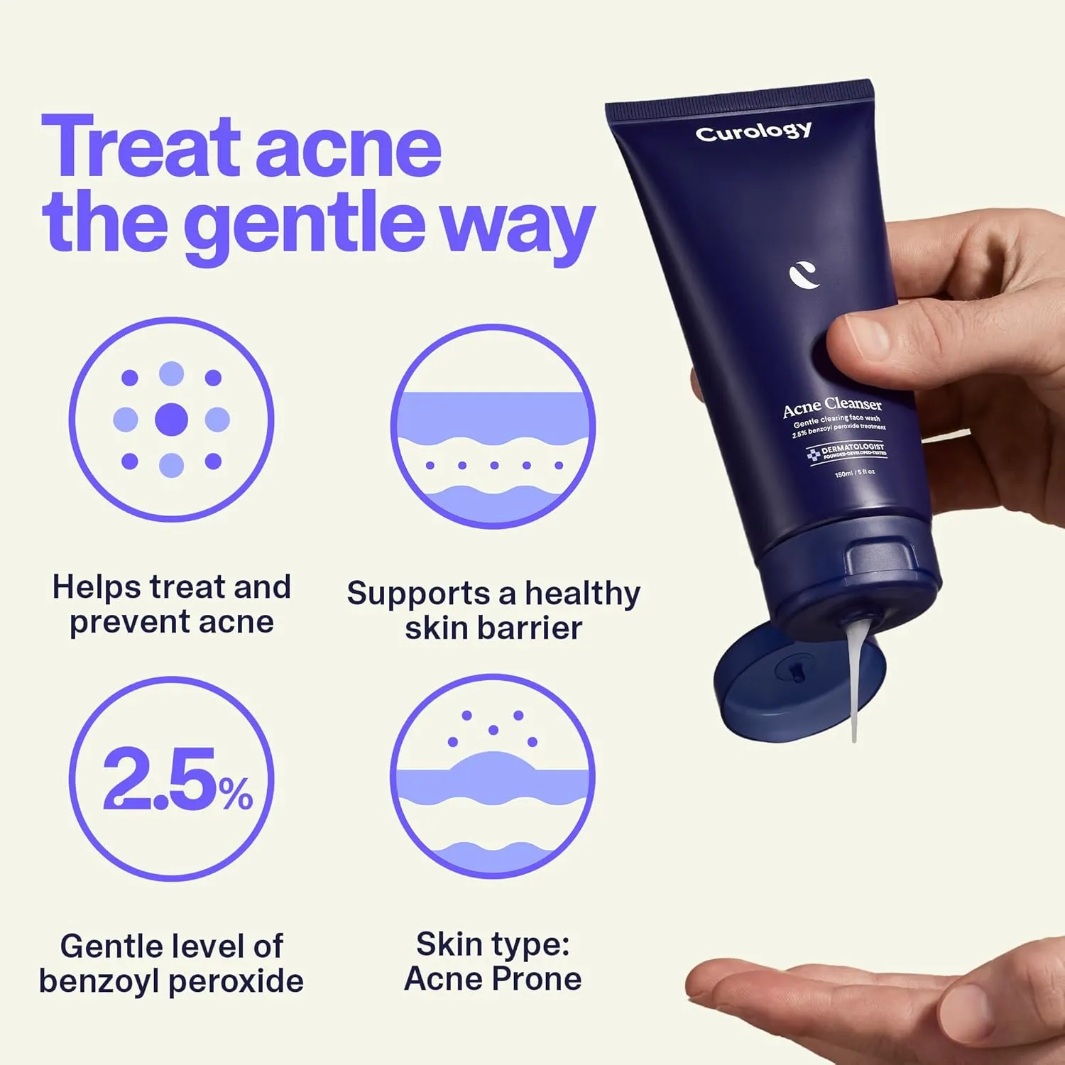 Curology Acne Facial Cleanser Treatment, 2.5% Benzoyl Peroxide Face Wash, For Oily and Acne Prone Skin, Milky Gel Texture, Fragrance Free, 5.07 fl oz