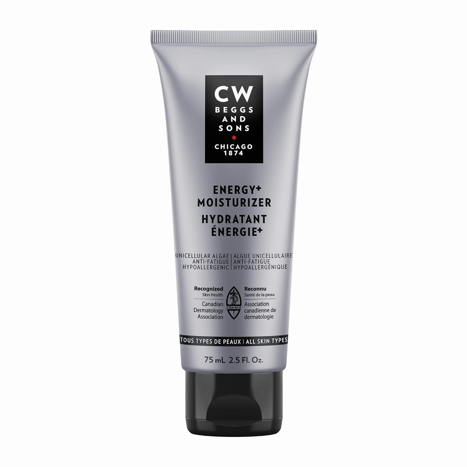 CW Beggs Energy  Moisturizer for Men, Normal to Dry Skin, Anti-Fatigue Face Cream, Hypoallergenic, Fragrance-Free, Paraben-Free, Alcohol-Free, Mineral Oil-Free, Cruelty-Free, 2.5 Fl. Oz.