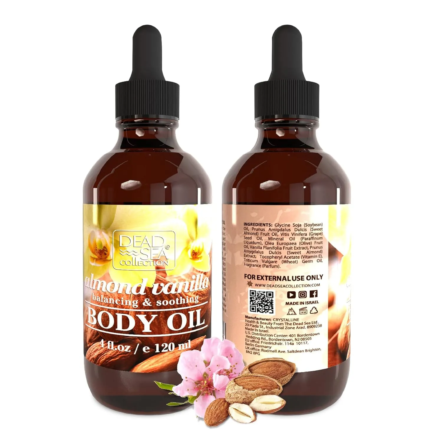 Dead Sea Collection Body Oil with Almond & Vanilla-Dry Skin Moisturizer and Hydrating Massage - Nourishing Bath Oil - Increase Skin Elasticity and Provide Anti-Aging Support for your Body (4 fl.oz)