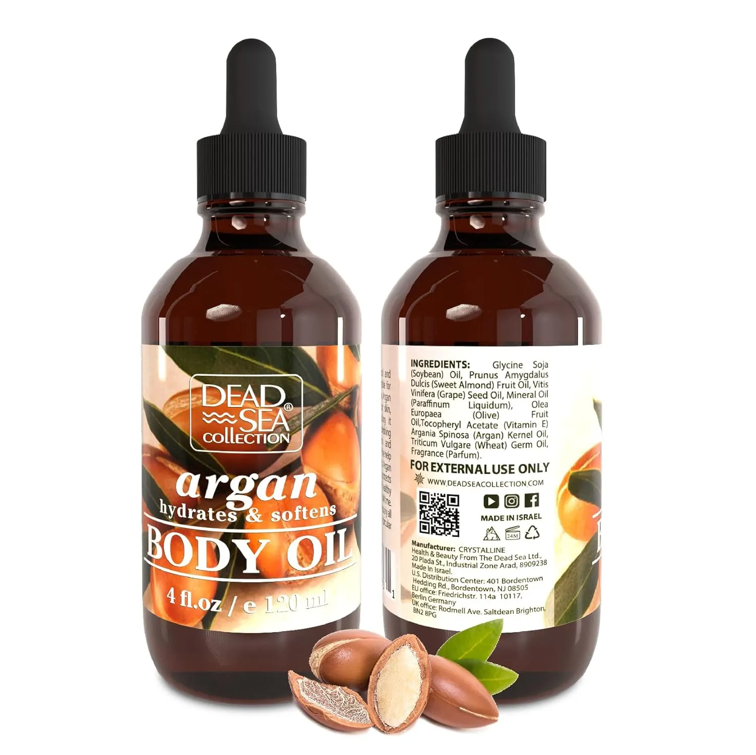 Dead Sea Collection Body Oil with Argan - Dry Skin Moisturizer and Hydrating Massage - Nourishing Bath Oil - Increase Skin Elasticity and Provide Anti-Aging Support for Face and Body (4 fl.oz)