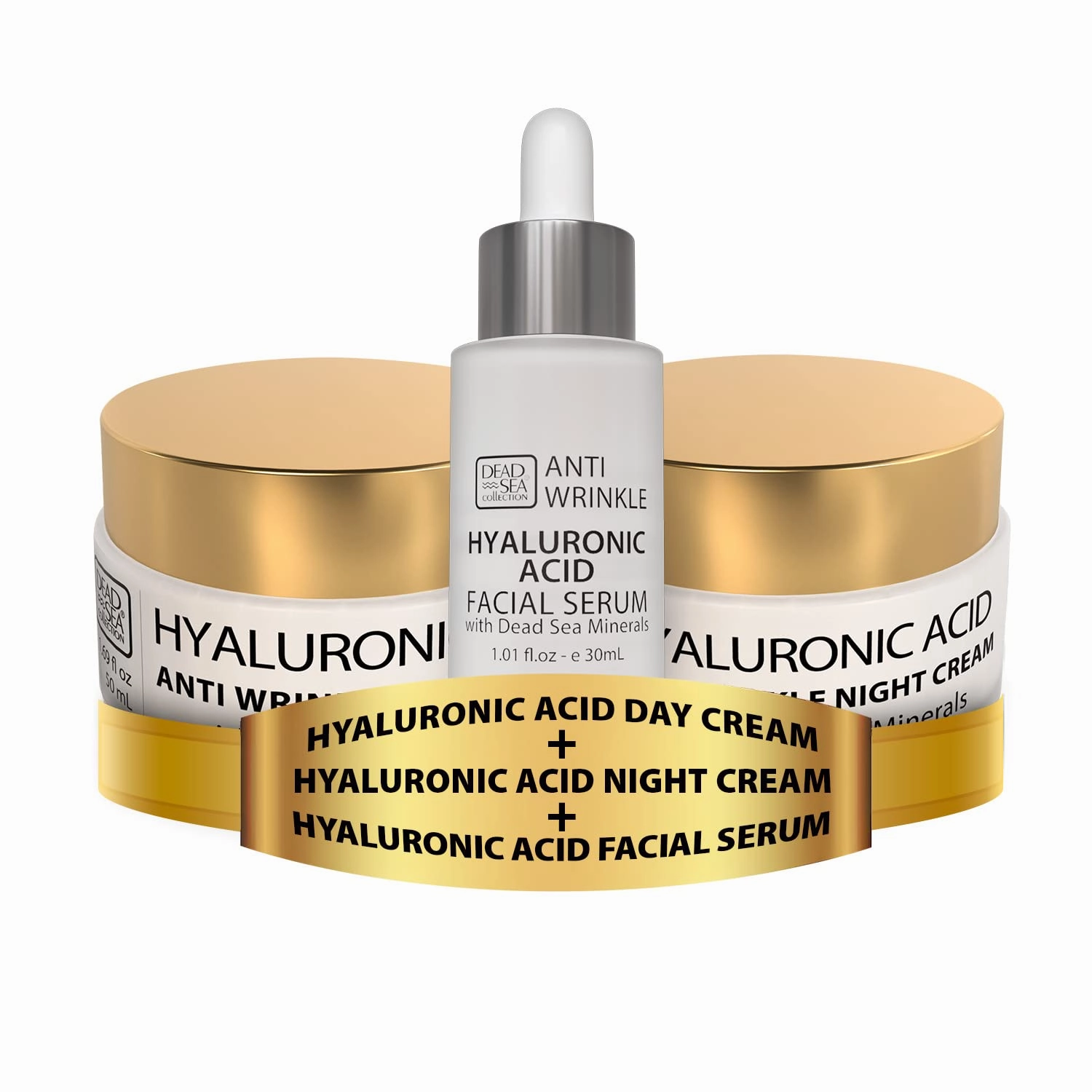 Dead Sea Collection Anti-Wrinkle Bundle Day Night - Cream   Serum for Face with Hyaluronic Acid - Anti Aging - Skin Care with Sea Minerals - Nourishing, Moisturizer, Hydrating and Smoothing Face Cream