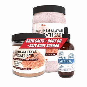 Dead Sea Collection- Salt Body Scrub - Large 23.28 OZ  Body Oil with Collagen (4 fl.oz)  Bath Salts Enriched with Himalayan - Natural Salt for Bath - Large 34.2 OZ.-BUNDLE