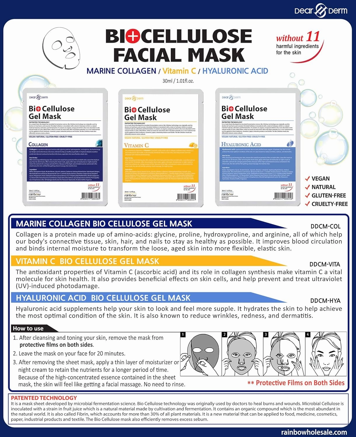 Dear & Derm Bio Cellulose Gel Mask, Skincare Face sheet mask, Facial sheet mask - Hyaluronic Acid x 10 sheets