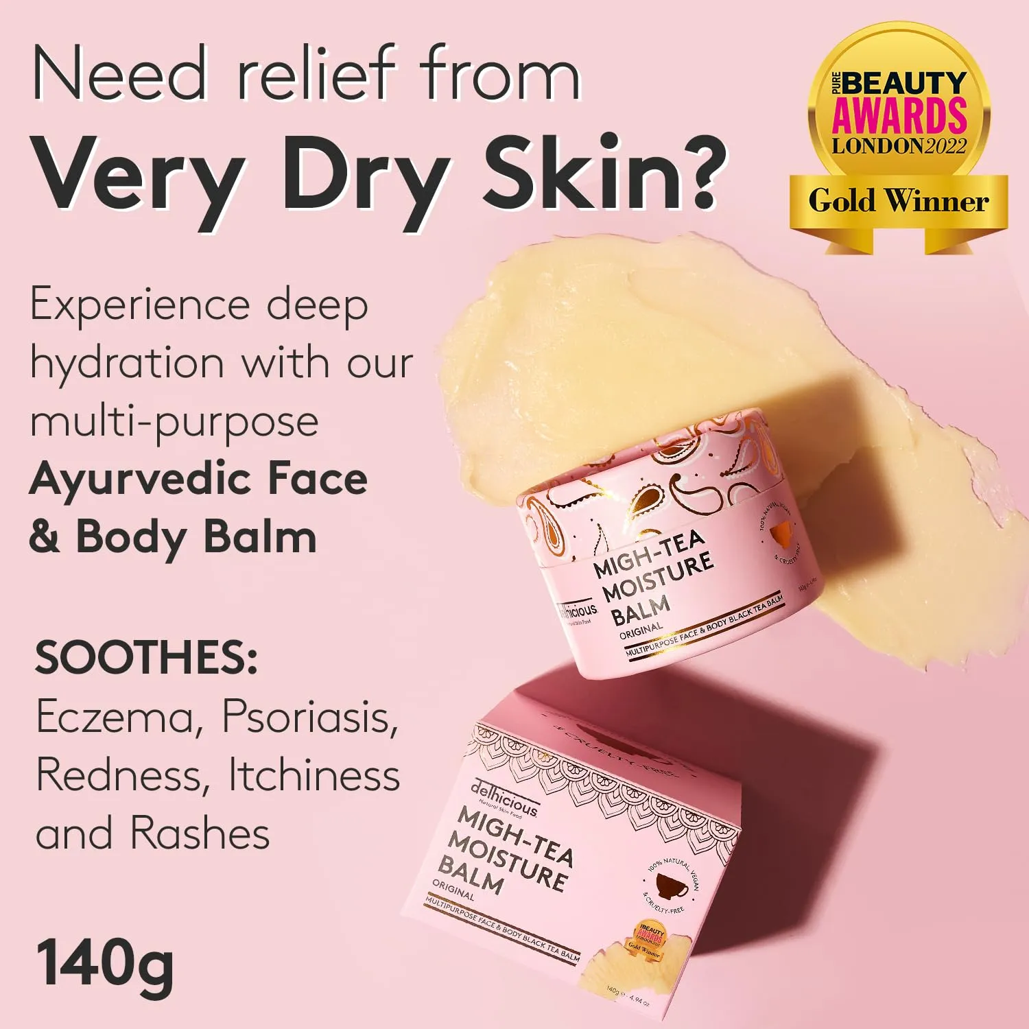 Delhicious Migh-Tea Moisture Face & Body Balm for Very Dry Skin - Nourishing Shea Butter Moisturizer - Multipurpose - Eczema Relief, Psoriasis Treatment - Natural, Vegan, Ayurveda - 140g
