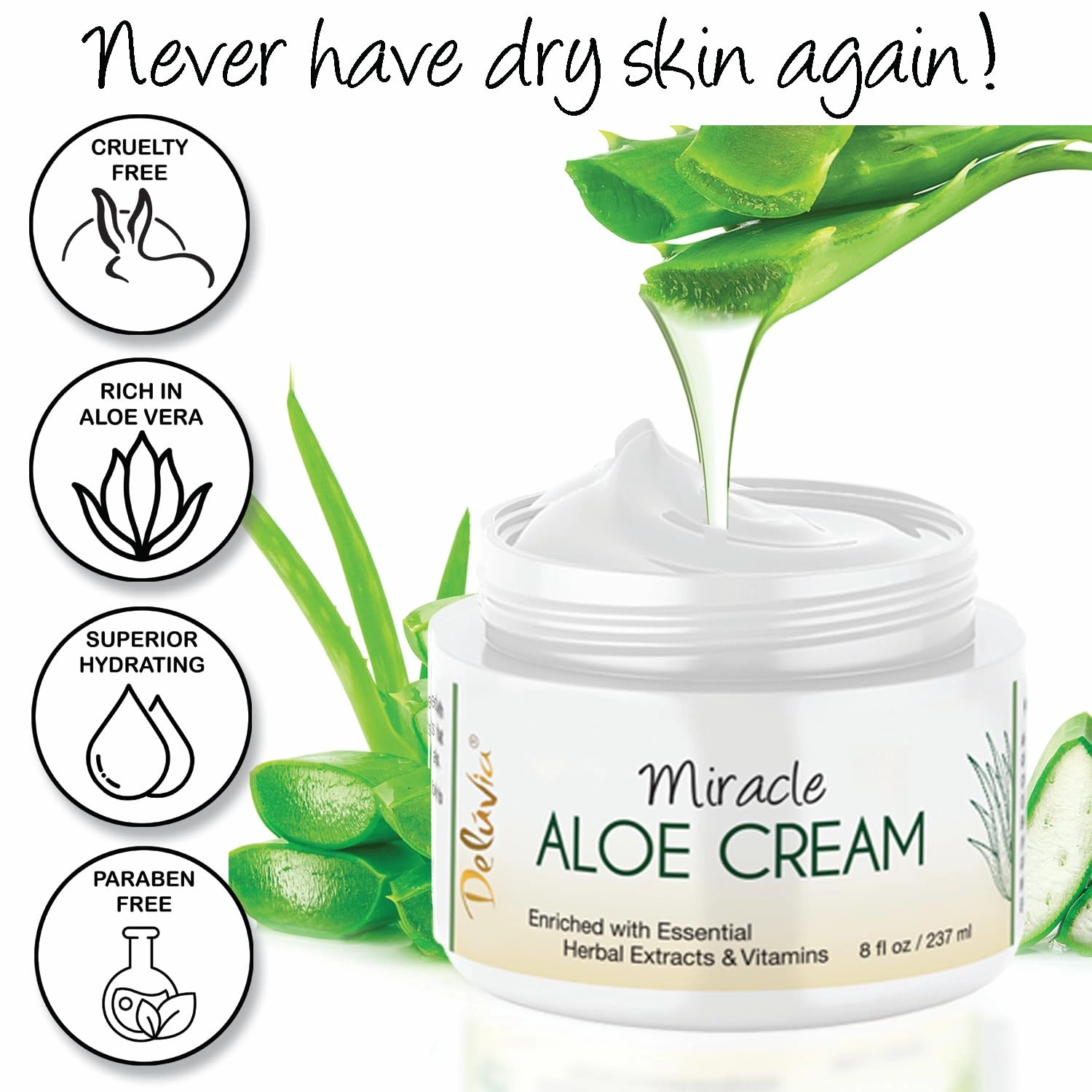 Deluvia Miracle Aloe Cream | Face & Body Moisturizer with Vitamin E & Organic Aloe Vera | Hydrating, Soothing for Dry Skin, Anti-Wrinkle, Acne Scars, Rosacea, Psoriasis, Eczema - 8 oz