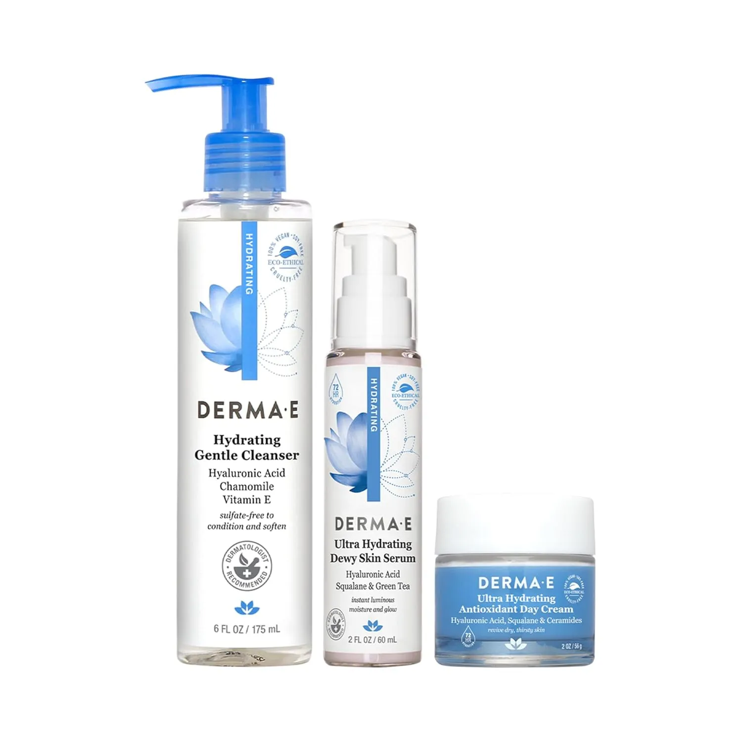 Derma E Hydrating Set, Hydrating Gentle Cleanser with Hyaluronic Acid, 6 fl oz, Ultra Hydrating Dewy Skin Serum, 2 fl oz, Ultra Hydrating Antioxidant Day Cream, 2 fl oz