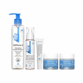 Derma E Hydrating Gentle Cleanser with Hyaluronic Acid, 6 fl oz, Ultra Hydrating Dewy Skin Serum, 2 fl oz, Hydrating Eye Cream, 0.5 fl oz, Ultra Hydrating Antioxidant Day and Night Cream, 2 fl oz