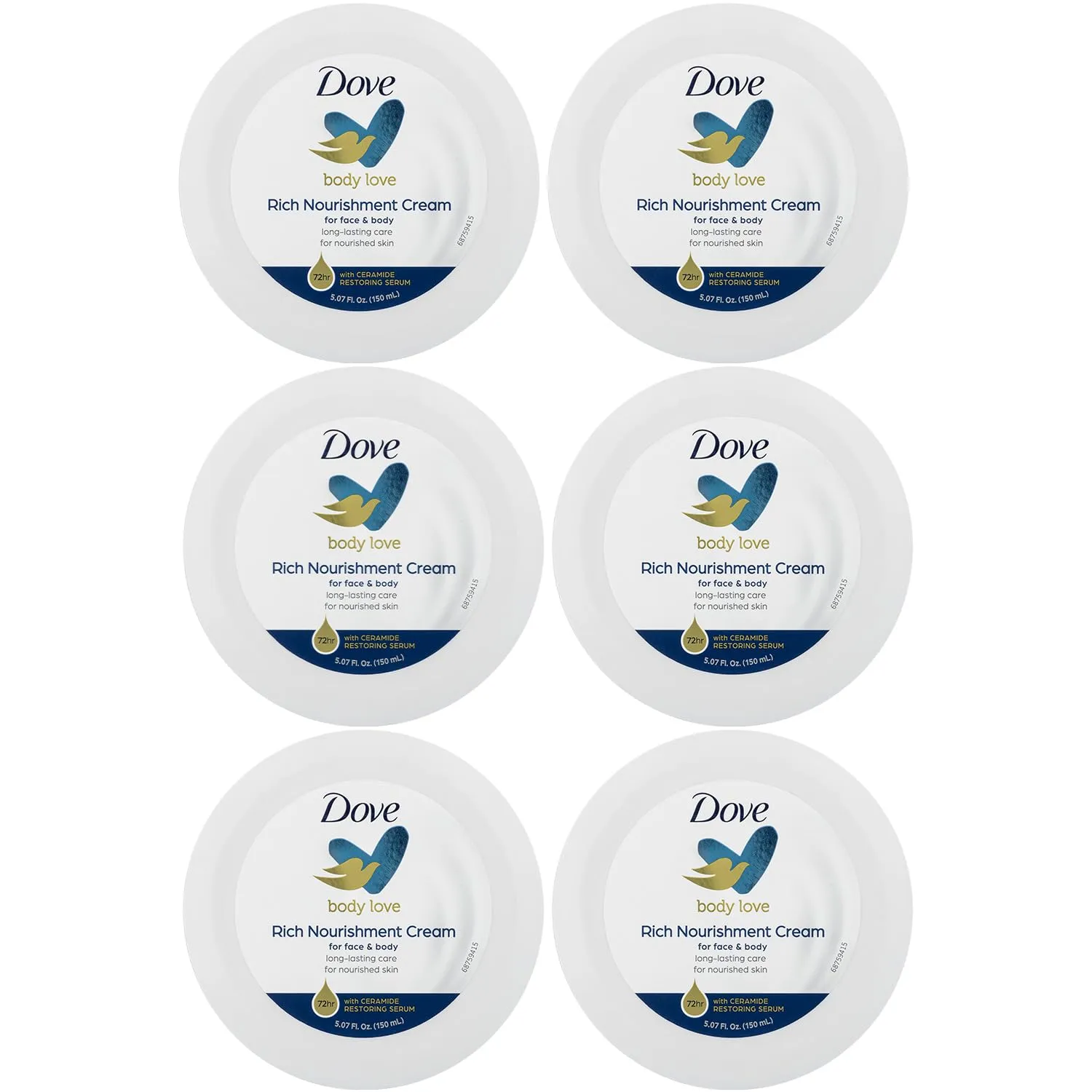 Dove Body Love Rich Nourishment Cream, Face, Hand & Body Lotion for Extremely Dry Skin, Fast-Absorbing 72-Hour Moisturizing Cream with Ceramide Serum, 5.07 Fl Oz (Pack of 6)