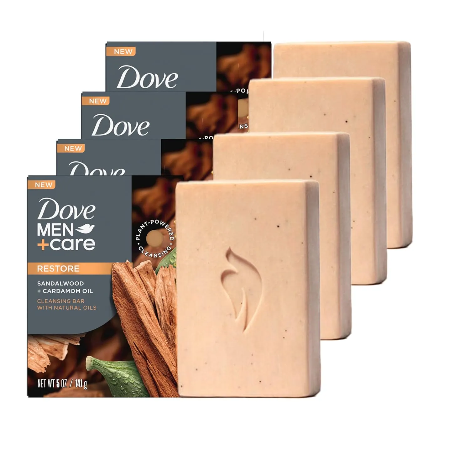 DOVE MEN   CARE Cleansing Bar Soap Sandalwood   Cardamom Oil 4 Bars to Rebuild Skin in the Shower, a 4in1 Hair, Body, Face & Shaving Bar with Plant-Based Cleanser and Natural Oils 5 oz