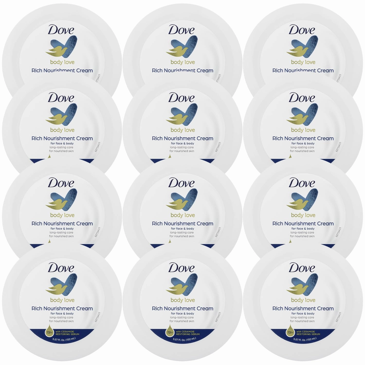 Dove Body Love Rich Nourishment Cream, Face, Hand & Body Lotion for Extremely Dry Skin, Fast-Absorbing 72-Hour Moisturizing Cream with Ceramide Serum, 5.07 Fl Oz (Pack of 12)