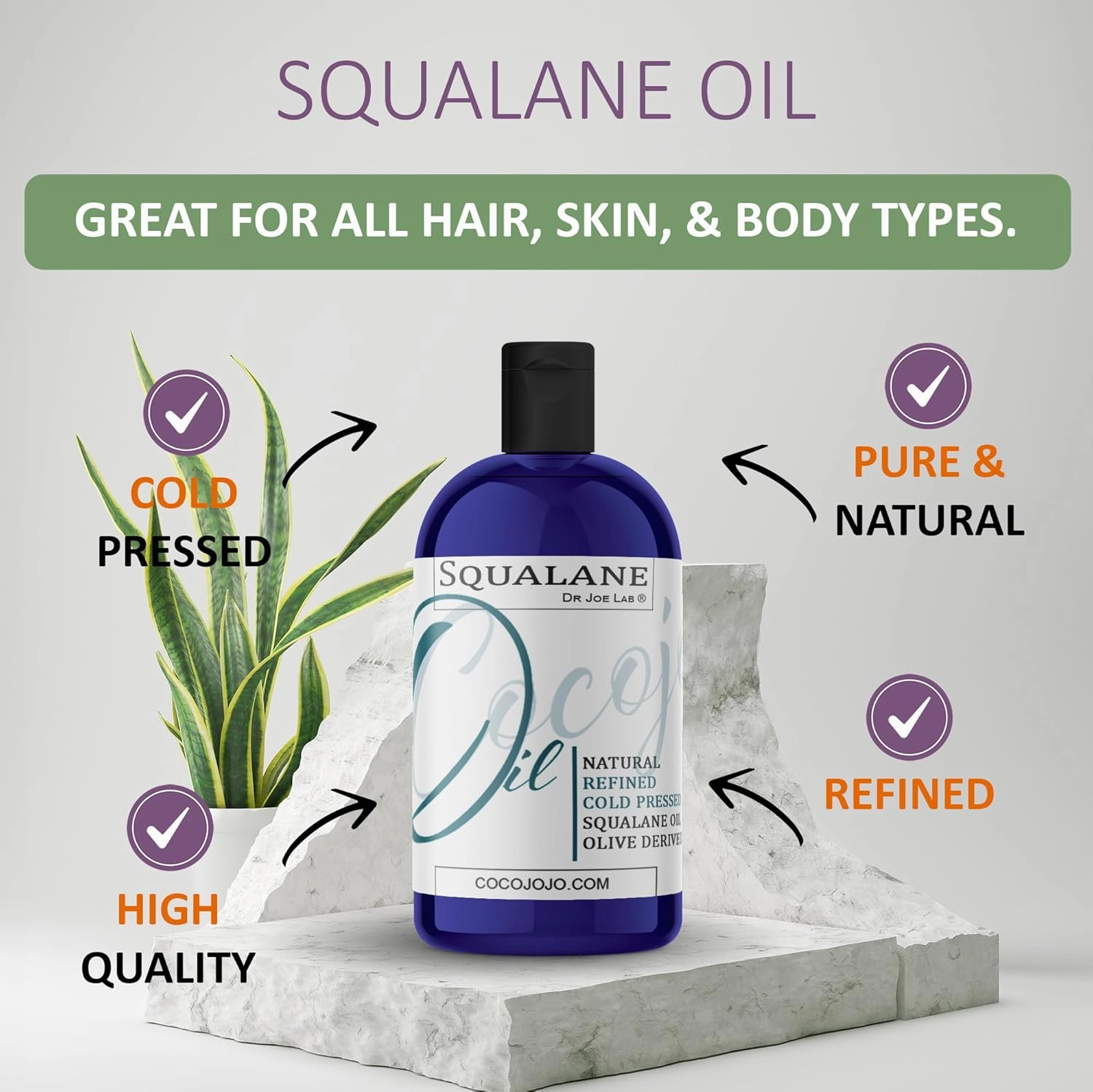Dr Joe Lab Squalane Oil Pure Plant Derived Refined Cold Pressed Squalene From Olives Vegan Undiluted Bulk Carrier Oil for Face Skin Hair Body Cosmetics Natural Cleanser Moisturizer (16 oz)
