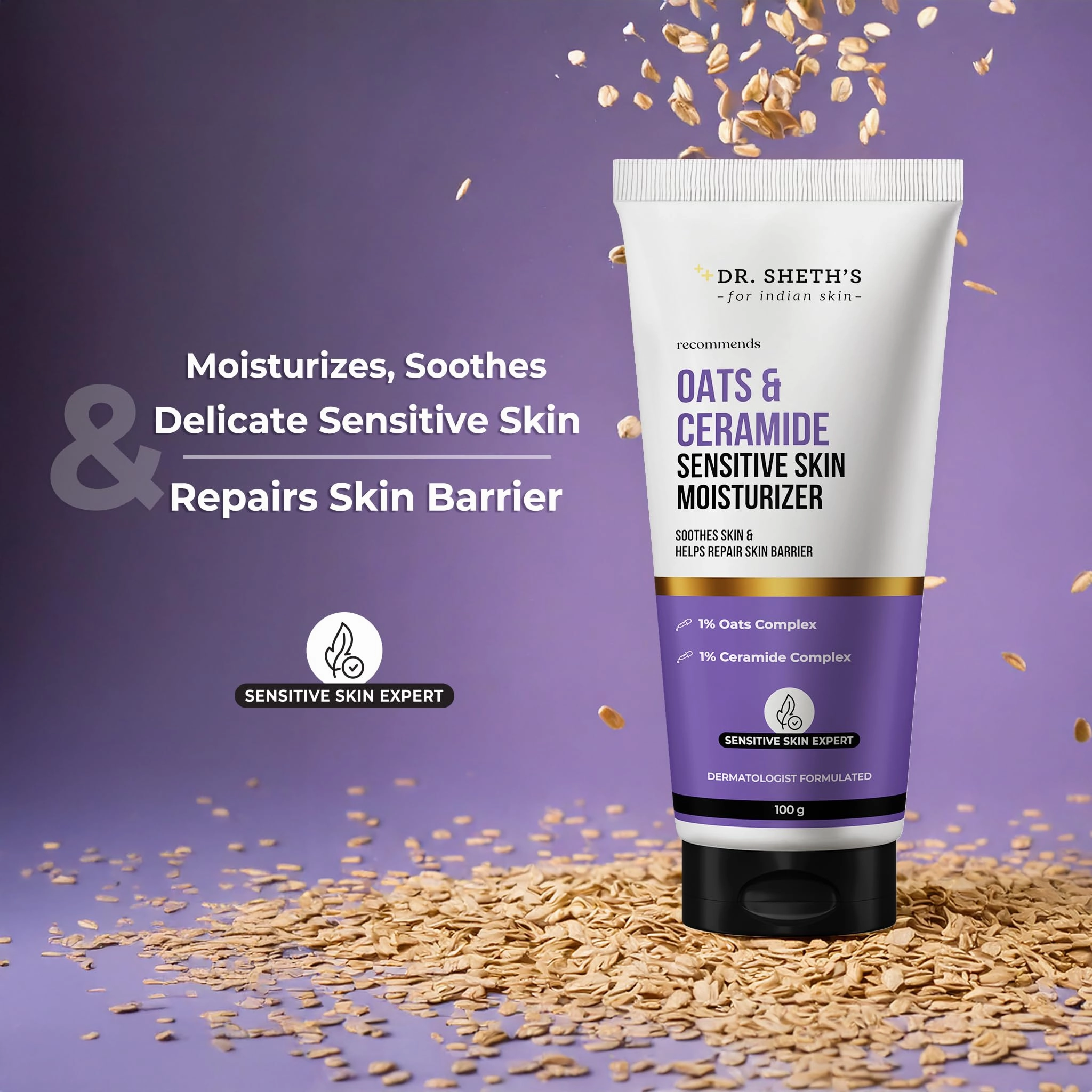 Dr. Sheth's Oats & Ceramide Sensitive Skin Moisturizer | Oil-Free | 1% Oats Complex & 1% Ceramide Complex | Soothes & Reduces Irritation | Strengthens Skin Barrier | Light Weight, Non-Sticky | Men & Women | 100 g