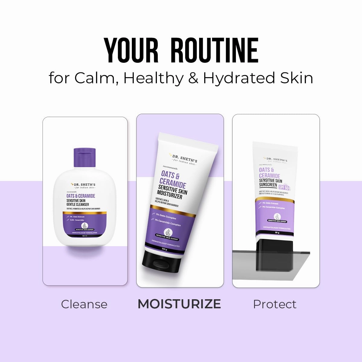 Dr. Sheth's Oats & Ceramide Sensitive Skin Moisturizer | Oil-Free | 1% Oats Complex & 1% Ceramide Complex | Soothes & Reduces Irritation | Strengthens Skin Barrier | Light Weight, Non-Sticky | Men & Women | 100 g