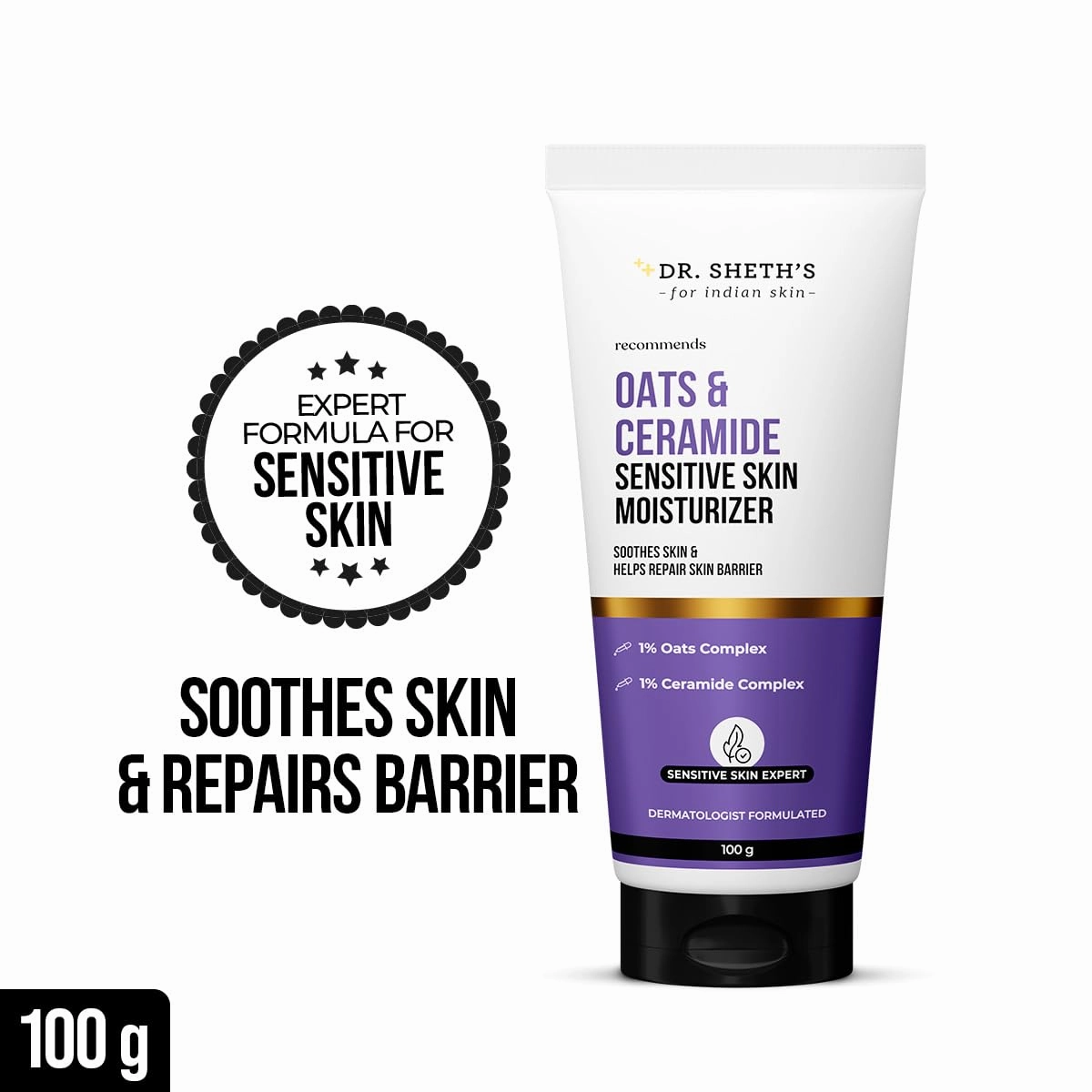 Dr. Sheth's Oats & Ceramide Sensitive Skin Moisturizer | Oil-Free | 1% Oats Complex & 1% Ceramide Complex | Soothes & Reduces Irritation | Strengthens Skin Barrier | Light Weight, Non-Sticky | Men & Women | 100 g