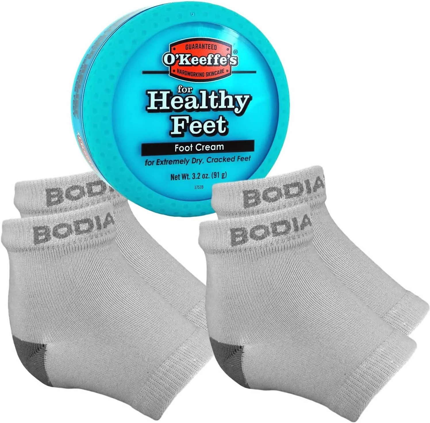 Dry Cracked Heels Repair Bundle with Open Toe Moisturizing Silicone Gel Heel Socks (2 Pairs, Gray) and O’Keeffe’s Healthy Feet Cream Jar for Home Foot Skin Care
