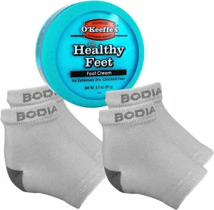 Dry Cracked Heels Repair Bundle with Open Toe Moisturizing Silicone Gel Heel Socks (2 Pairs, Gray) and O’Keeffe’s Healthy Feet Cream Jar for Home Foot Skin Care