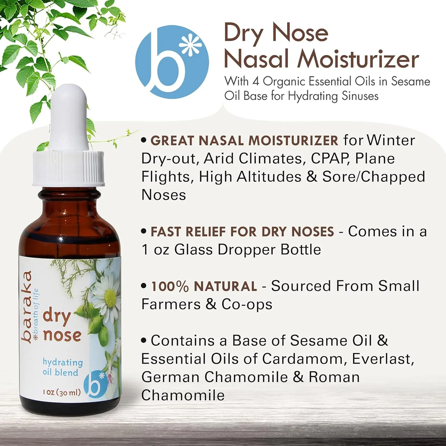 Dry Nose Nasal Moisturizer - Organic Essential Oils (Cardamom, Everlast, German & Roman Chamomile) in Sesame Oil Base - Hydrating Sinuses & Dry Nose - (1 oz Dropper Bottle)