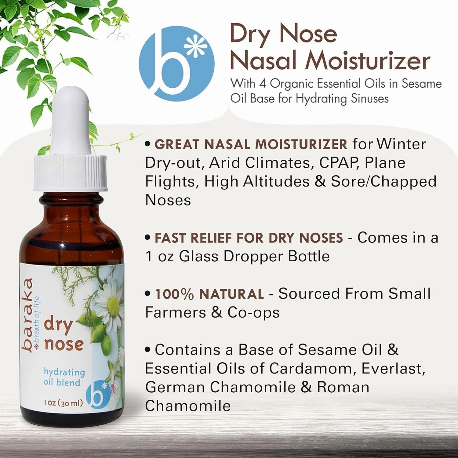 Dry Nose Nasal Moisturizer - Organic Essential Oils (Cardamom, Everlast, German & Roman Chamomile) in Sesame Oil Base - Hydrating Sinuses & Dry Nose - 2 Pack (1 oz Dropper Bottle)
