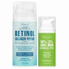 Ebanel 30% AHA 2% BHA Chemical Peel & 2.5% Retinol Cream Moisturizer for Face - Removes Acne Scars, Dark Spots, Wrinkles & Brightens Skin