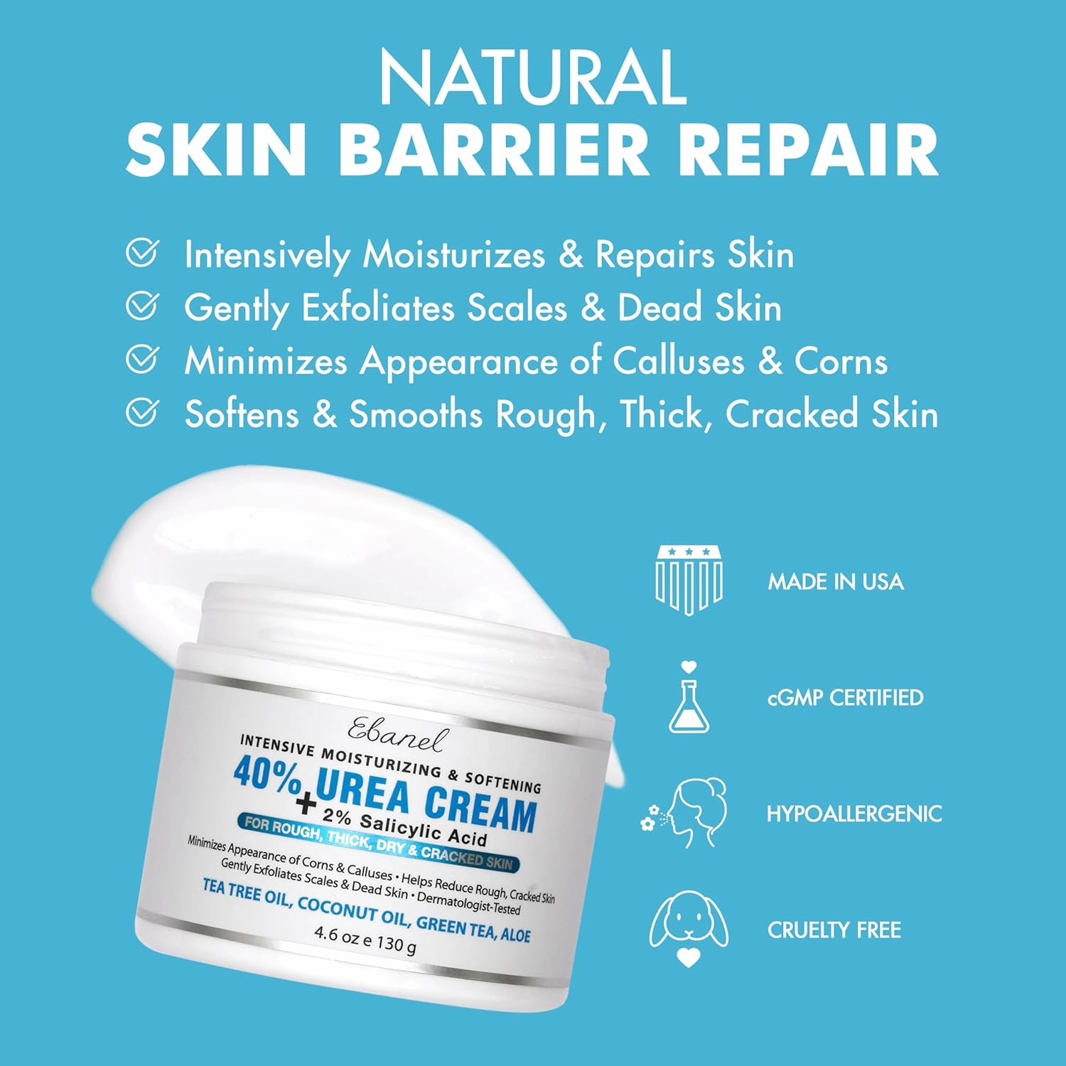 Ebanel Urea Cream 40% plus Salicylic Acid 2%, Foot Cream for Dry Cracked Heels Feet Knees Elbows Hands, Foot Dead Skin Cuticle Callus Remover Toenail Softener, Keratolytic Skin Barrier Repair, 3-Pack